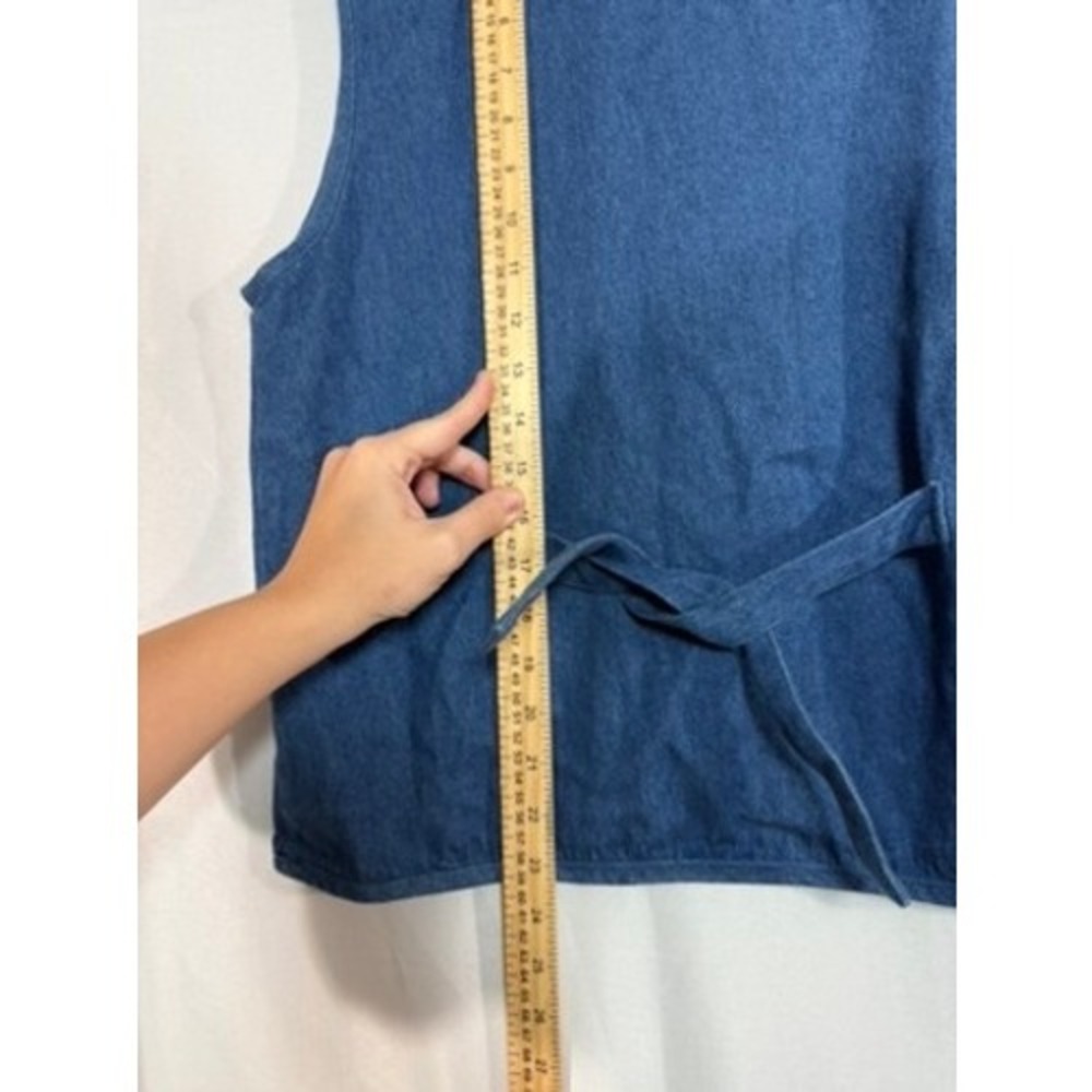 Womens Medium 90s Denim Vest Floral Embroidery Black Velvet‎ Trim Zip Front - Picture 7 of 7